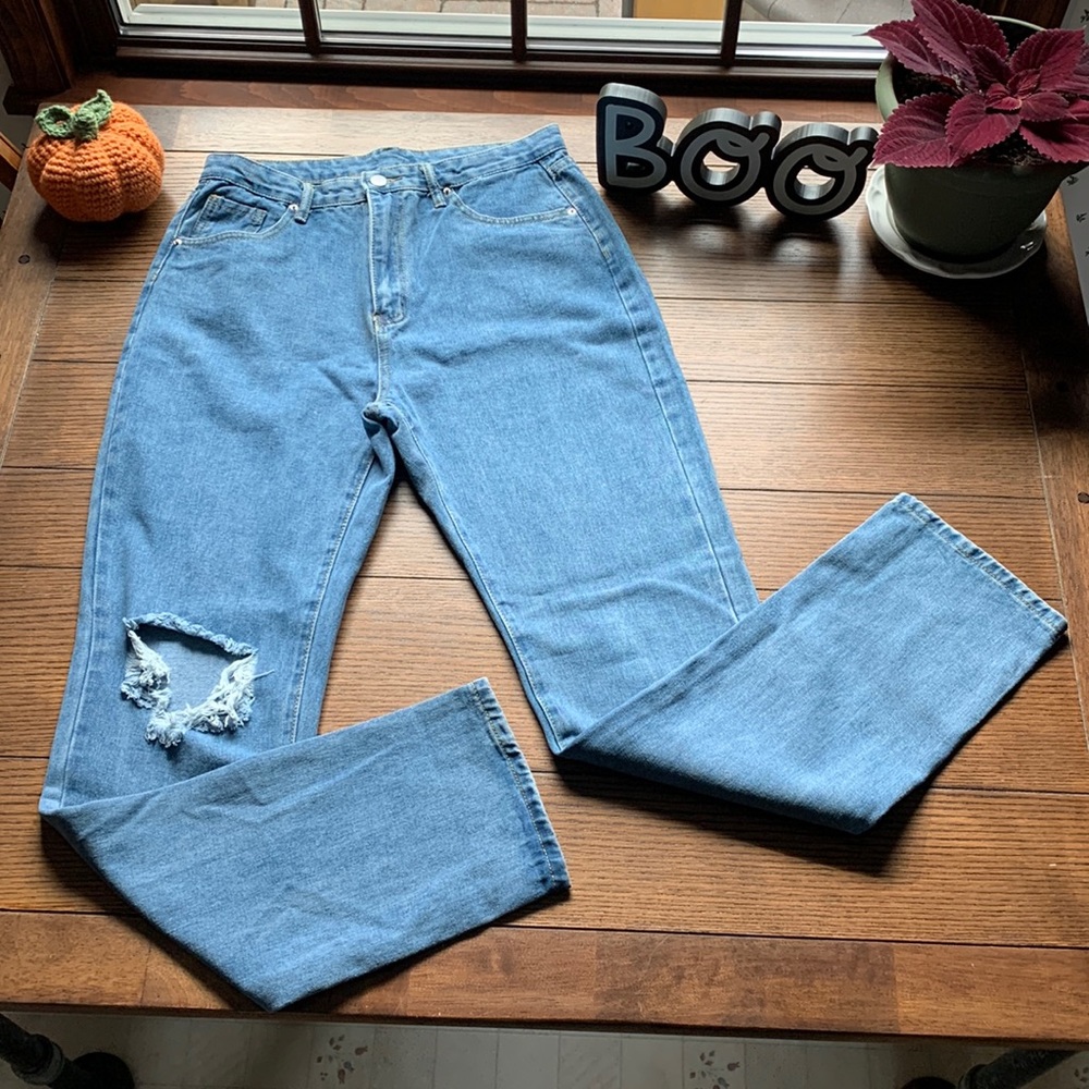 High waisted ripped straight leg jeans